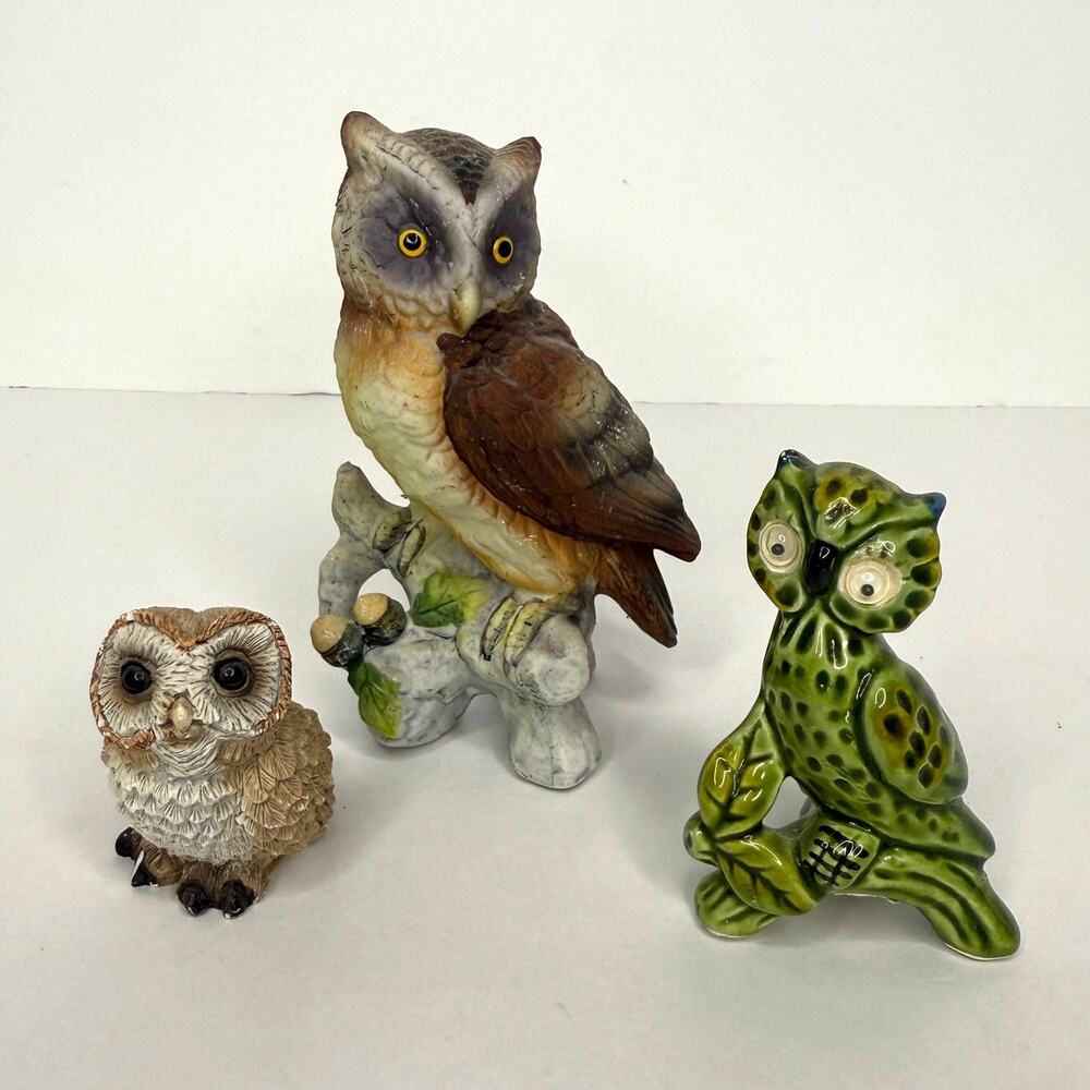 Vintage Owl Figurine Collection Lot of 3 Lefton Stone Critters *flaws